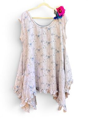 Cottage Boho Floral Linen Ruffle Hem Tunic Top Soft Blue Lagenlook Ditzy Floral